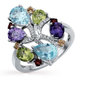 золотое кольцо с хризолитом, аметистом, топазами, гранатом, цитринами и бриллиантами