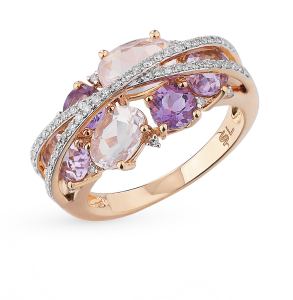 золотое кольцо с аметистом, кварцем и бриллиантами