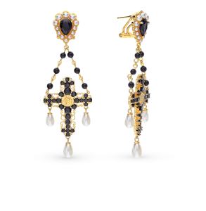 серебряные серьги с ониксом, фианитами и жемчугом