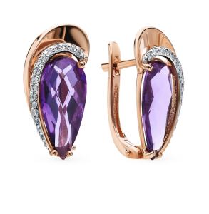 золотые серьги с аметистом и фианитами