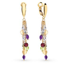 золотые серьги с родолитами, хризолитом, аметистом и цитринами