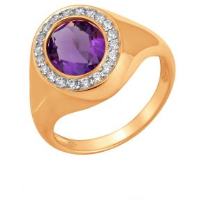 золотое кольцо с аметистом и фианитами