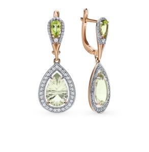 золотые серьги с хризолитом, аметистом и фианитами