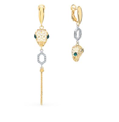 Золотые серьги с фианитами и эмалью