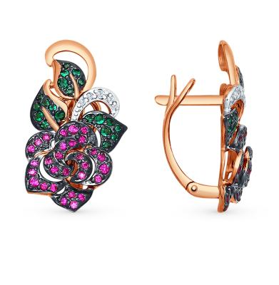 Золотые серьги с корундом, изумрудами и бриллиантами SOKOLOV 6028012