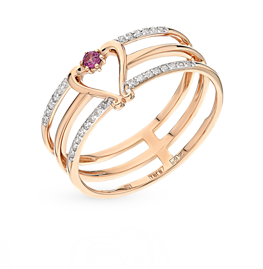 Золотое кольцо с родолитами и бриллиантами в Екатеринбурге