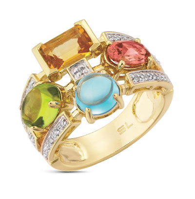 Фото «Золотое кольцо с цитринами, топазами, хризолитом, турмалинами и бриллиантами»