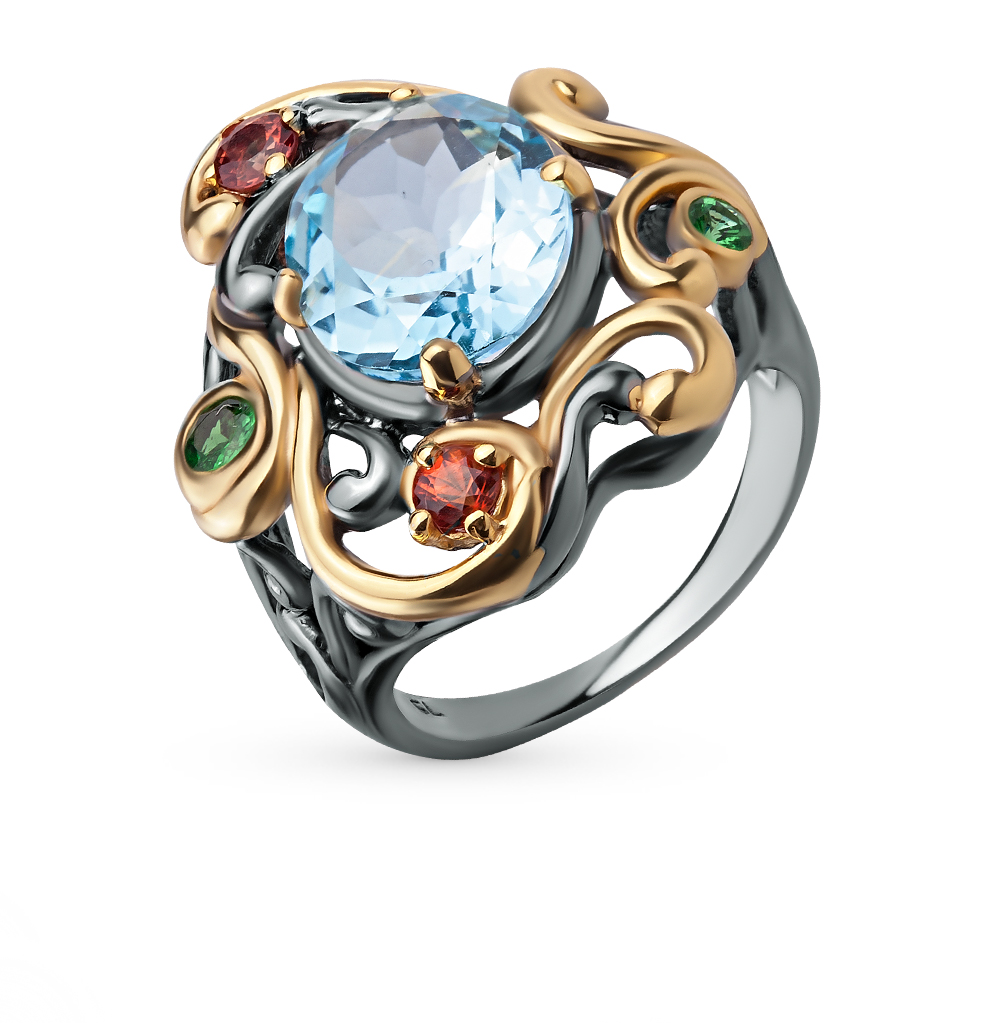 Фото «Серебряное кольцо с цаворитами, топазами и сапфирами»