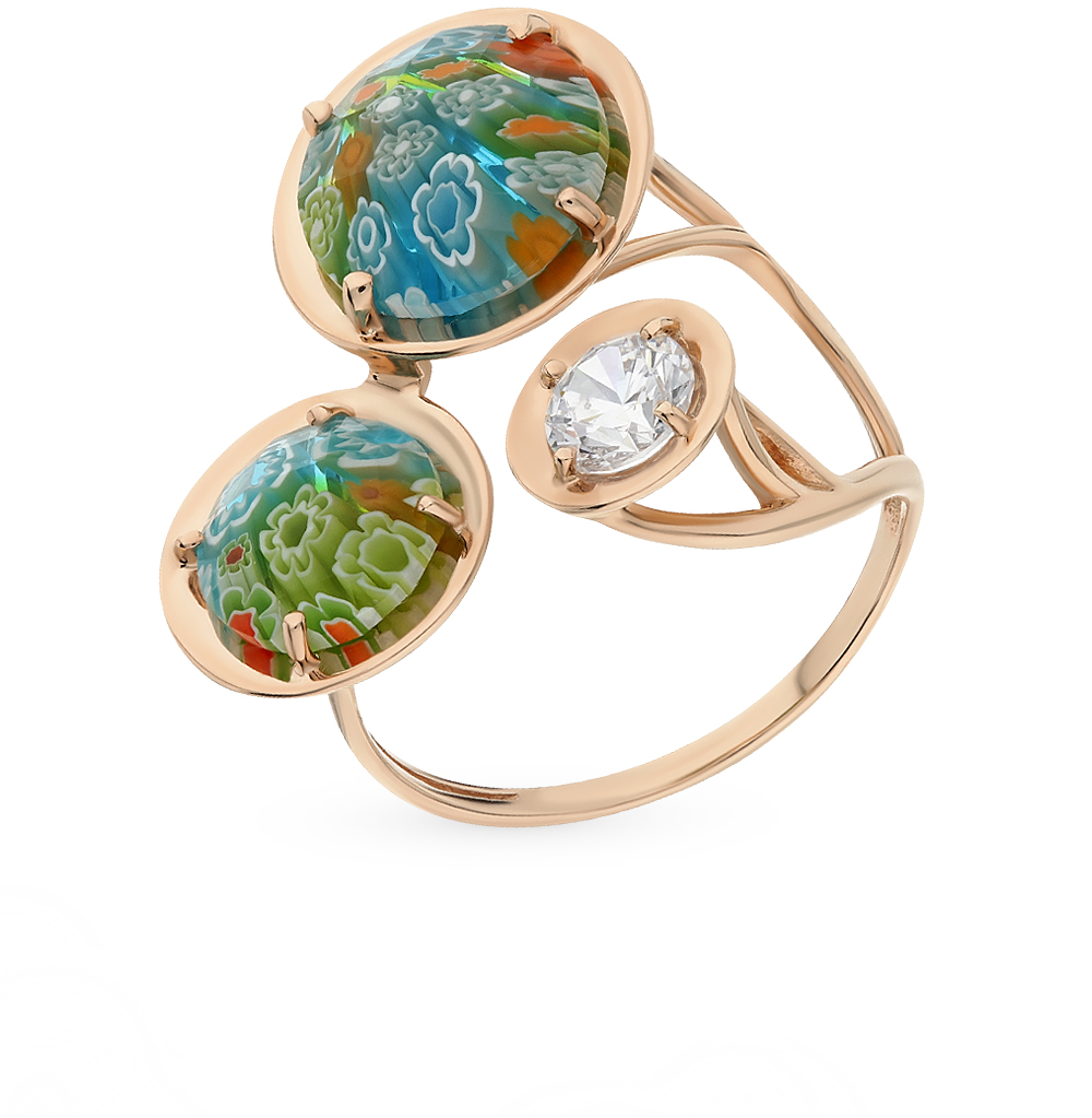 Золотое кольцо с фианитами и муранским стеклом в Краснодаре