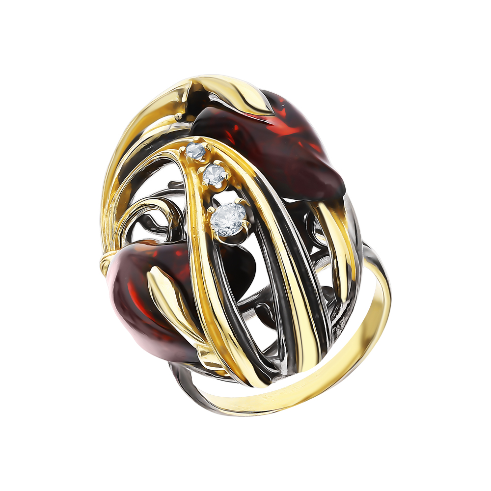 Серебряное кольцо с янтарем и фианитами в Самаре