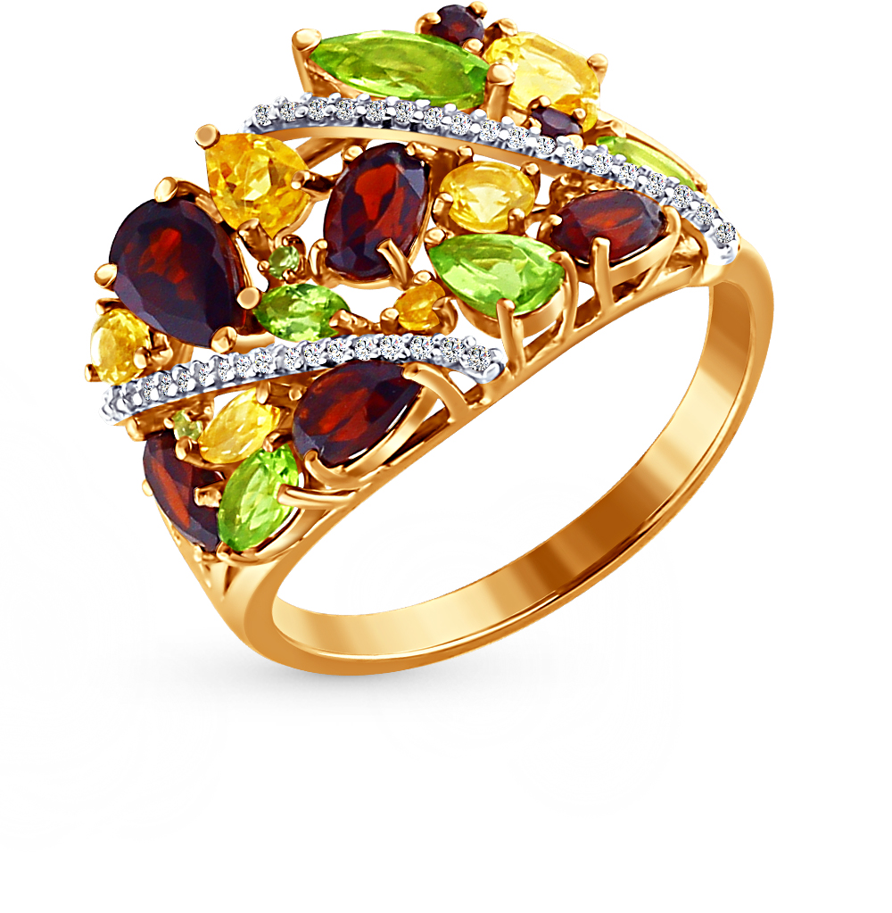 Фото «Золотое кольцо с цитринами, гранатом, фианитами и хризолитом SOKOLOV 713696»