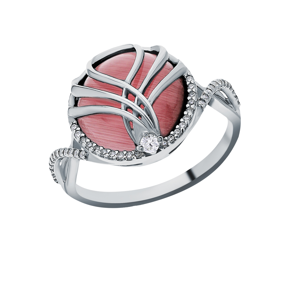 Серебряное кольцо с цирконием и кошачьим глазом 90-01-3865-00 в Новосибирске
