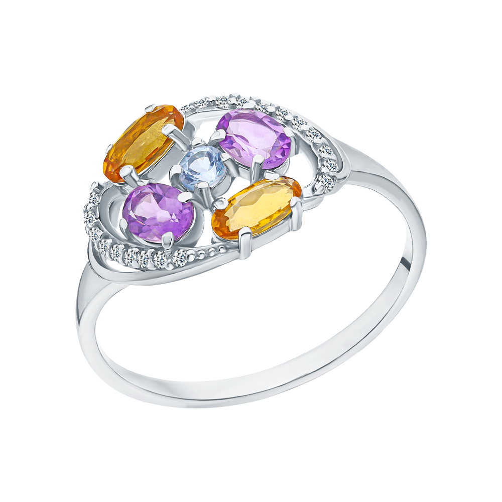 Фото «Серебряное кольцо с кубическим цирконием, цитринами и аметистом»