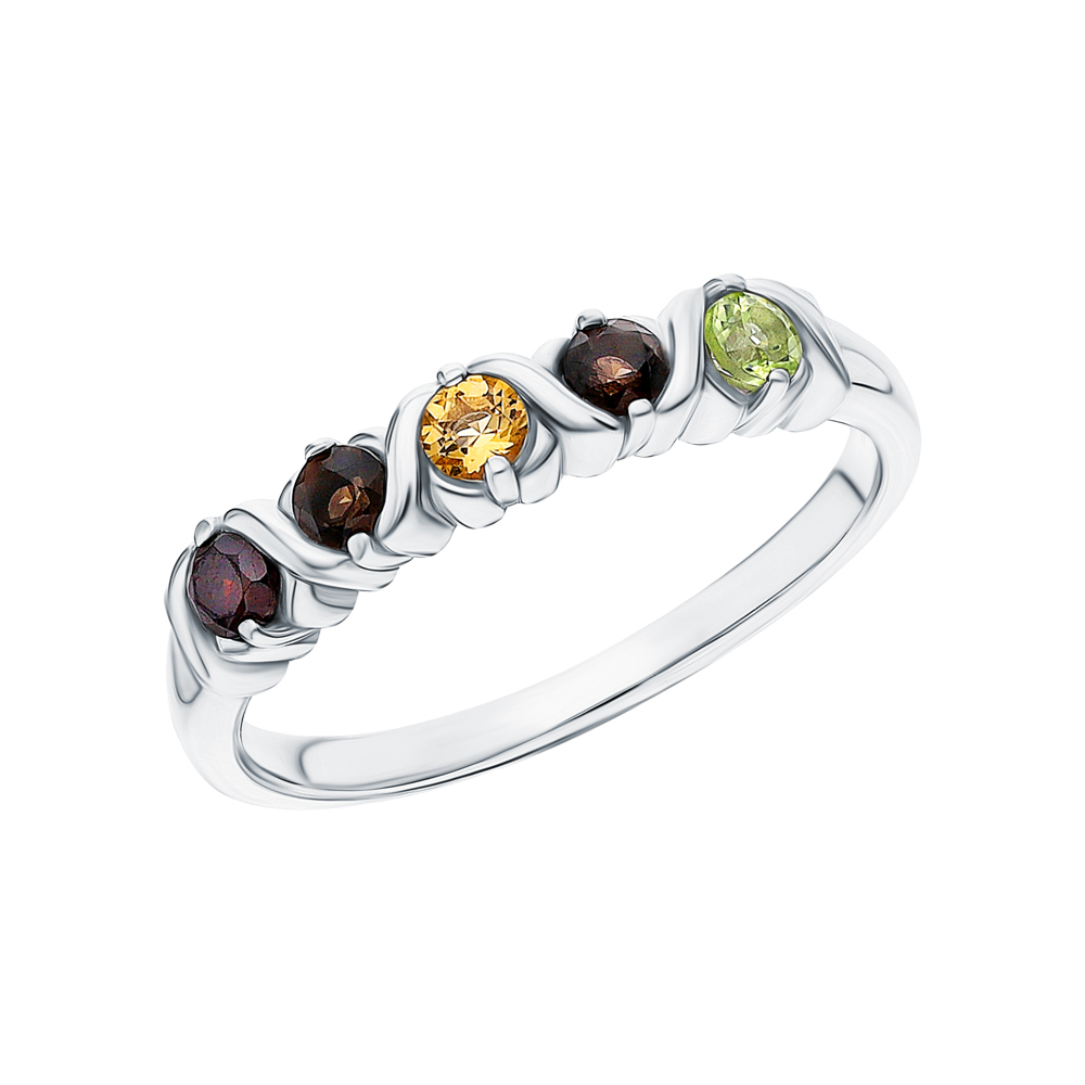 Серебряное кольцо с цитринами, гранатом, хризолитом и кварцами дымчатыми в Ростовe-на-Дону