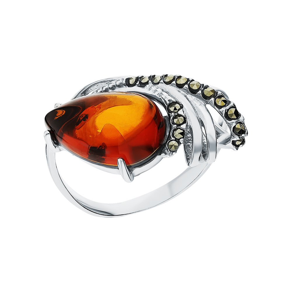 Фото «Серебряное кольцо с янтарем и марказитами»
