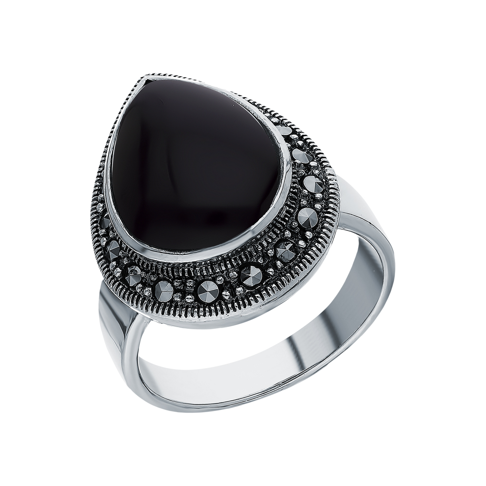 Серебряное кольцо с ониксом и марказитами swarovski в Самаре