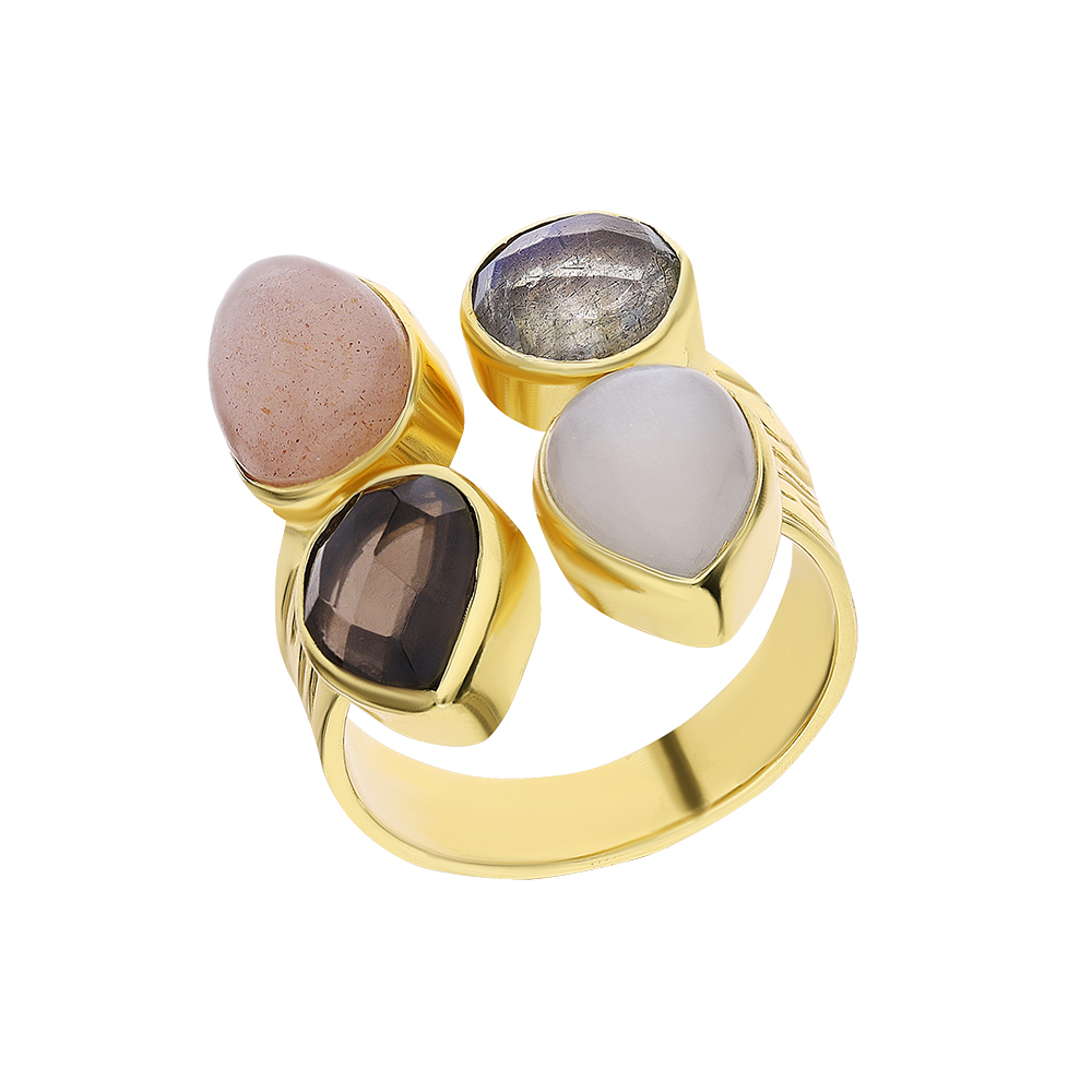 Фото «Серебряное кольцо с лунным камнем, кварцем дымчатым, лабрадоритом и кварцем розовым»