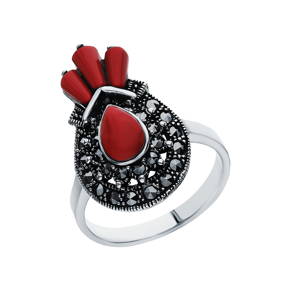 Серебряное кольцо с кораллом, марказитами и кораллами прессованными в Самаре