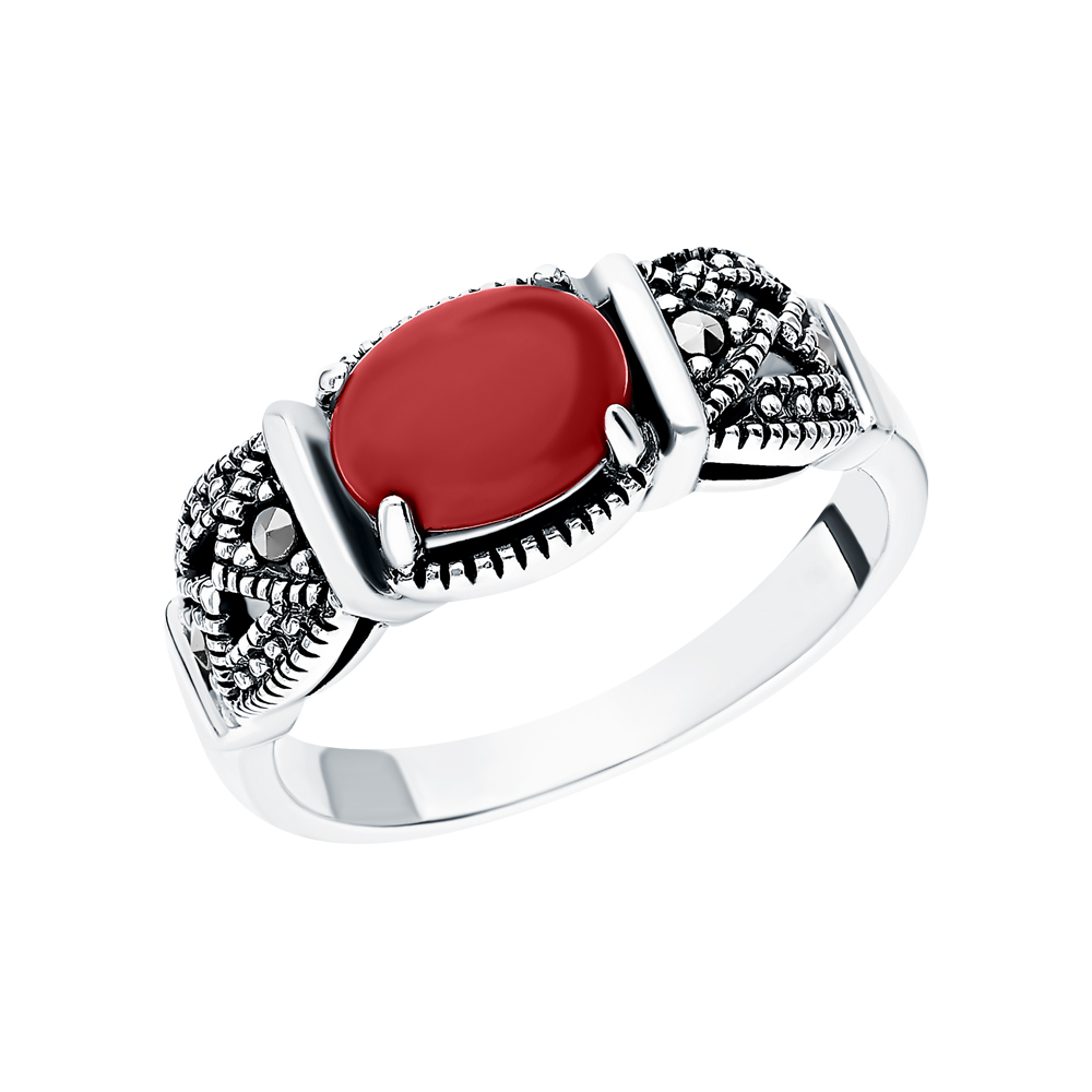 Фото «Серебряное кольцо с кораллом и марказитами swarovski»