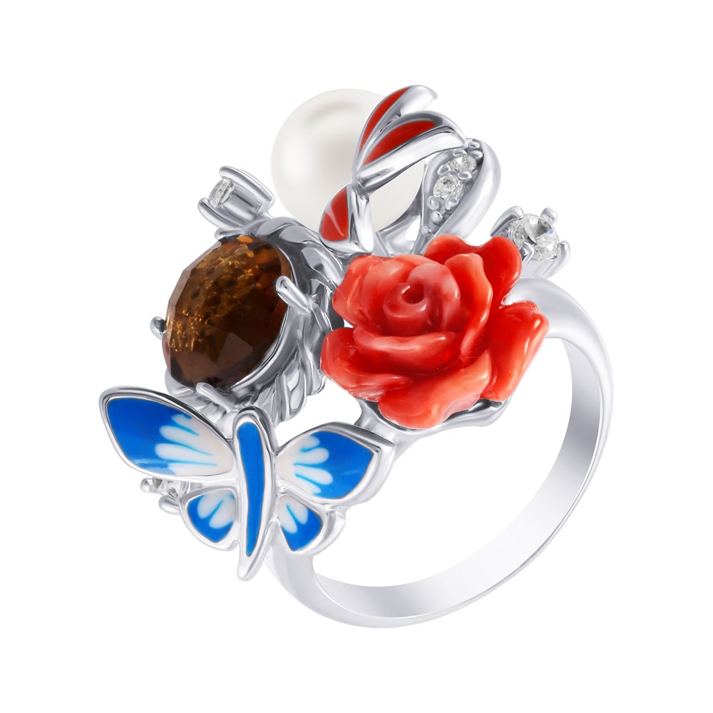 Серебряное кольцо с эмалью, кубическим цирконием, жемчугом и кварцем в Екатеринбурге