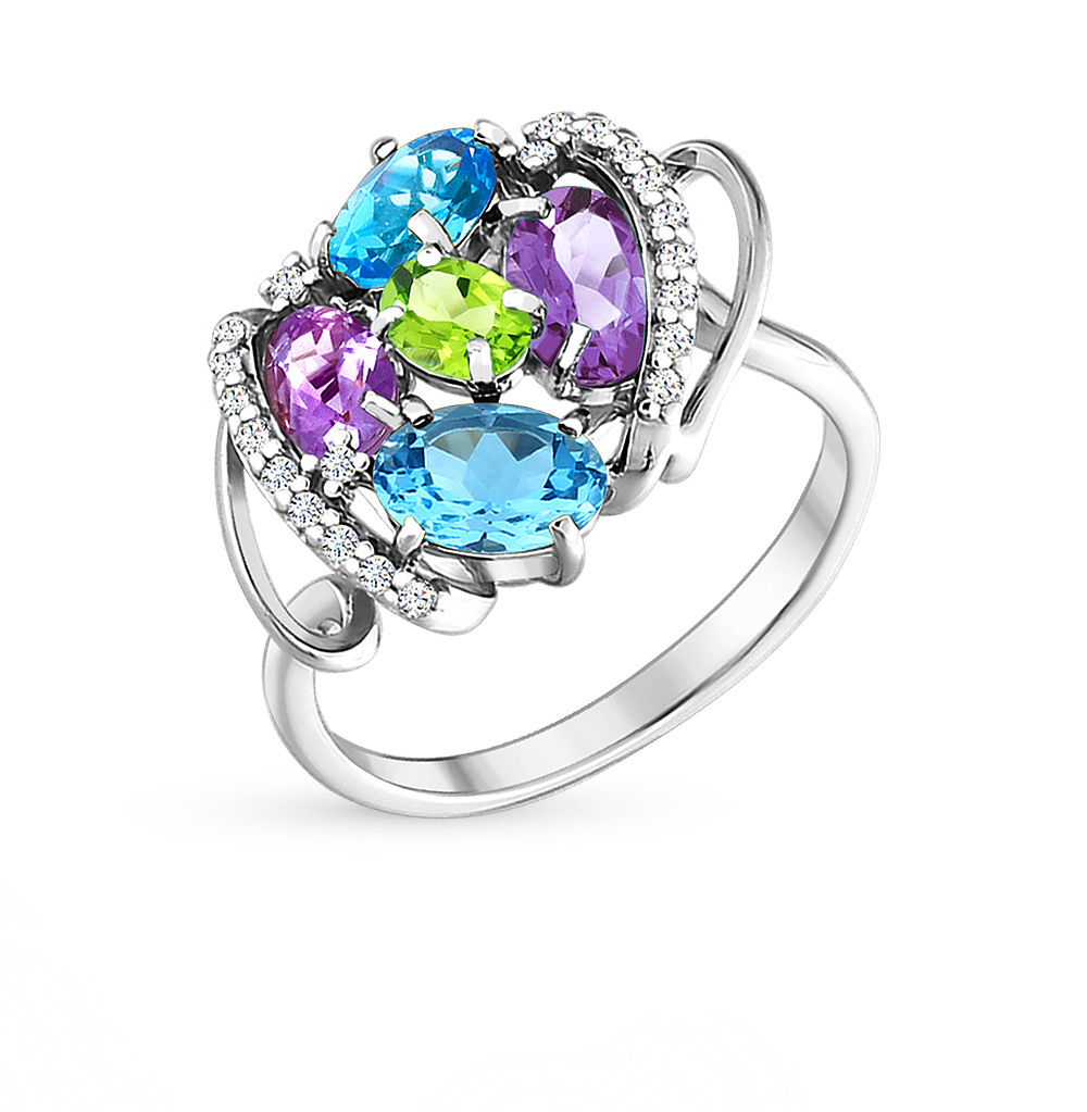 Фото «Серебряное кольцо с фианитами, аметистом и хризолитом»