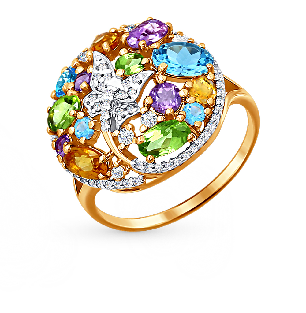 Фото «Золотое кольцо с цитринами, топазами, аметистом и хризолитом SOKOLOV 713067»
