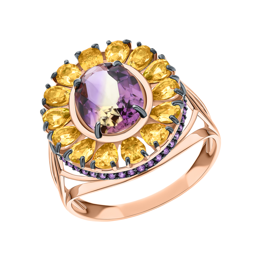 Фото «Золотое кольцо с фианитами, аметрином и аметистом»