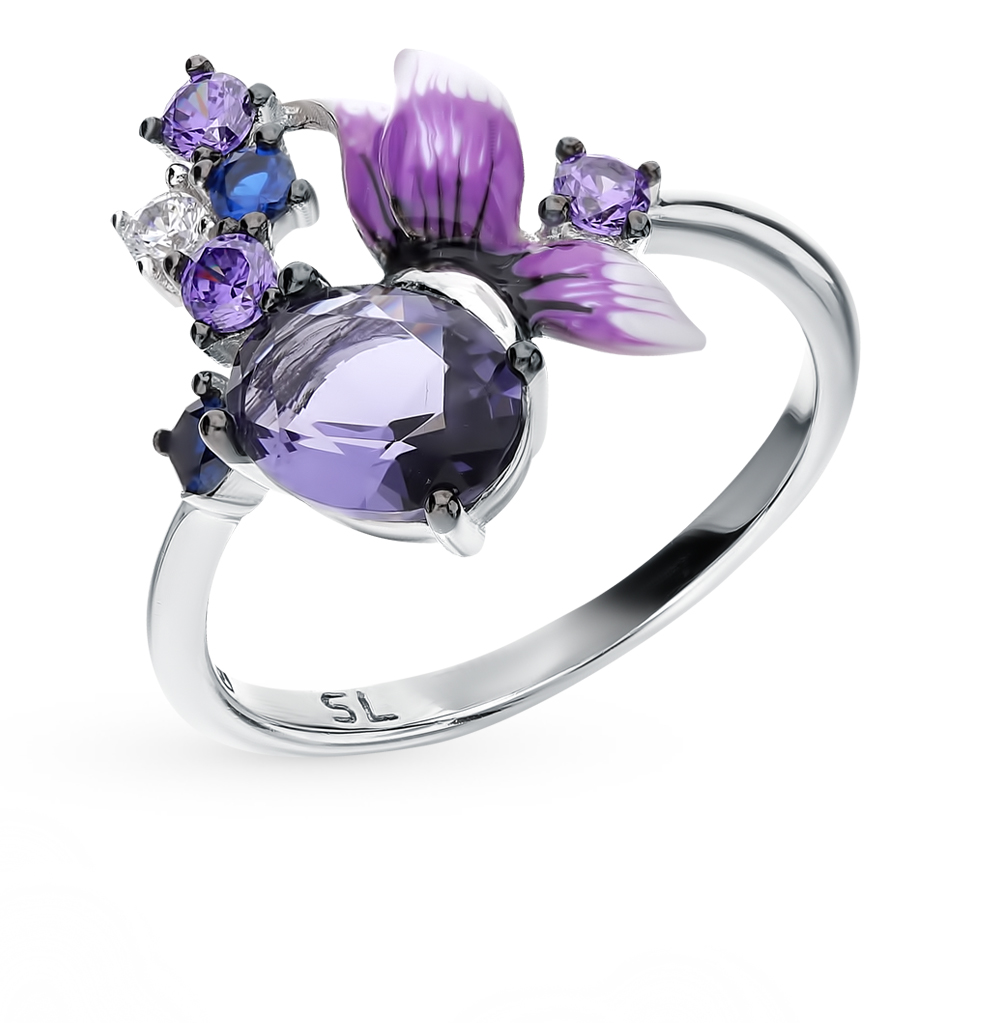 Фото «Серебряное кольцо с эмалью, фианитами и со шпинелью»