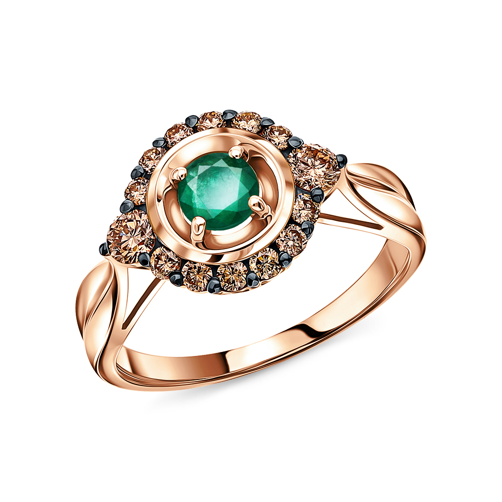 Золотое кольцо с изумрудом и коньячными бриллиантами в Краснодаре