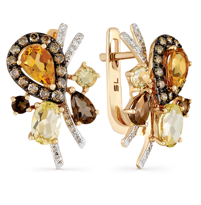 Фото «Золотые серьги с коньячными бриллиантами, цитринами, раухтопазами и бриллиантами»