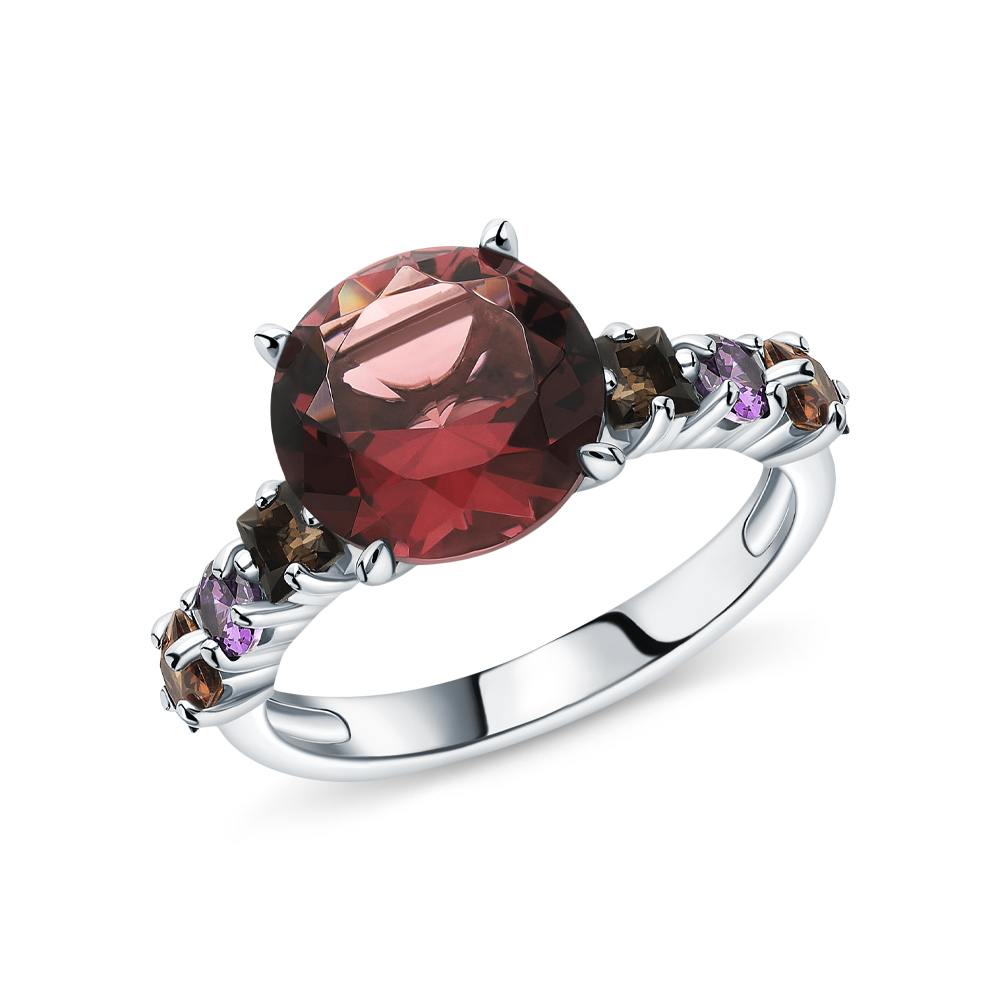 Фото «Серебряное кольцо с фианитами, кварцами дымчатыми и ювелирными кристаллами»