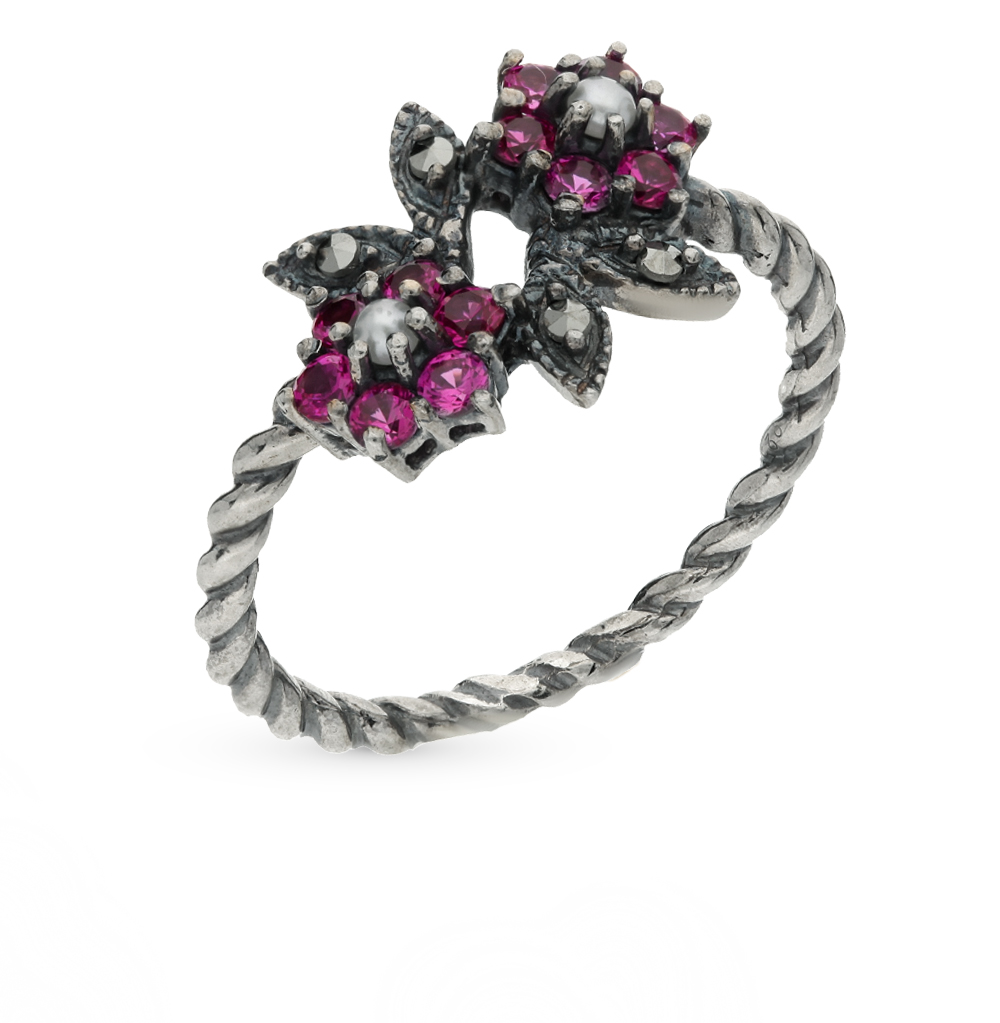 Фото «Серебряное кольцо с жемчугом, рубинами и марказитами»