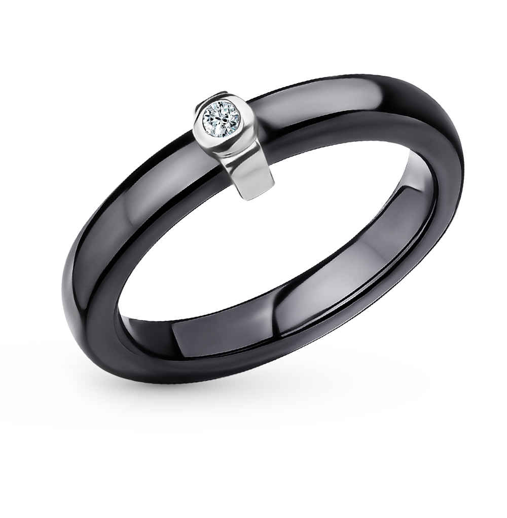 Керамическое кольцо с фианитами и серебряной вставкой SUNLIGHTS0211-K9W-01: чёрная керамика, фианит, серебро — купить в интернет-магазинеСанлайт, фото, артикул 54874