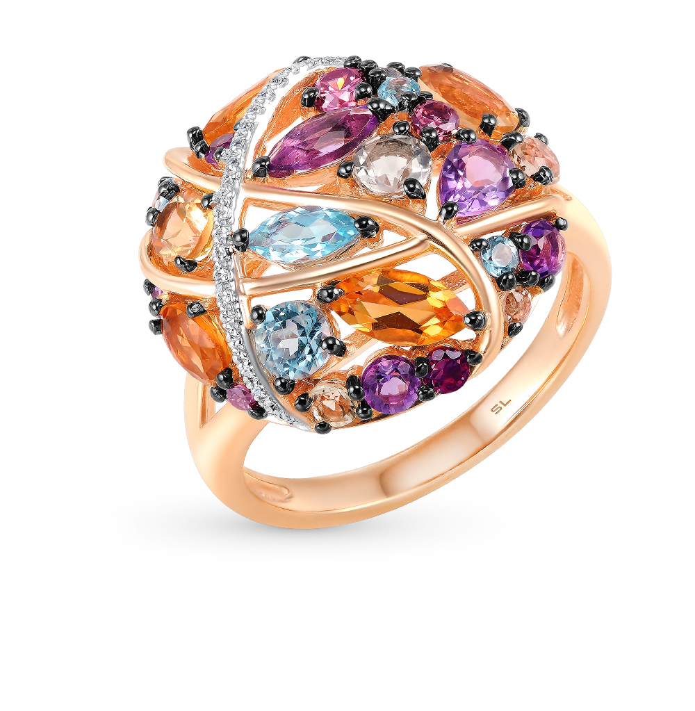 Фото «Золотое кольцо с цитринами, гранатом, топазами, кварцем, аметистом и бриллиантами»